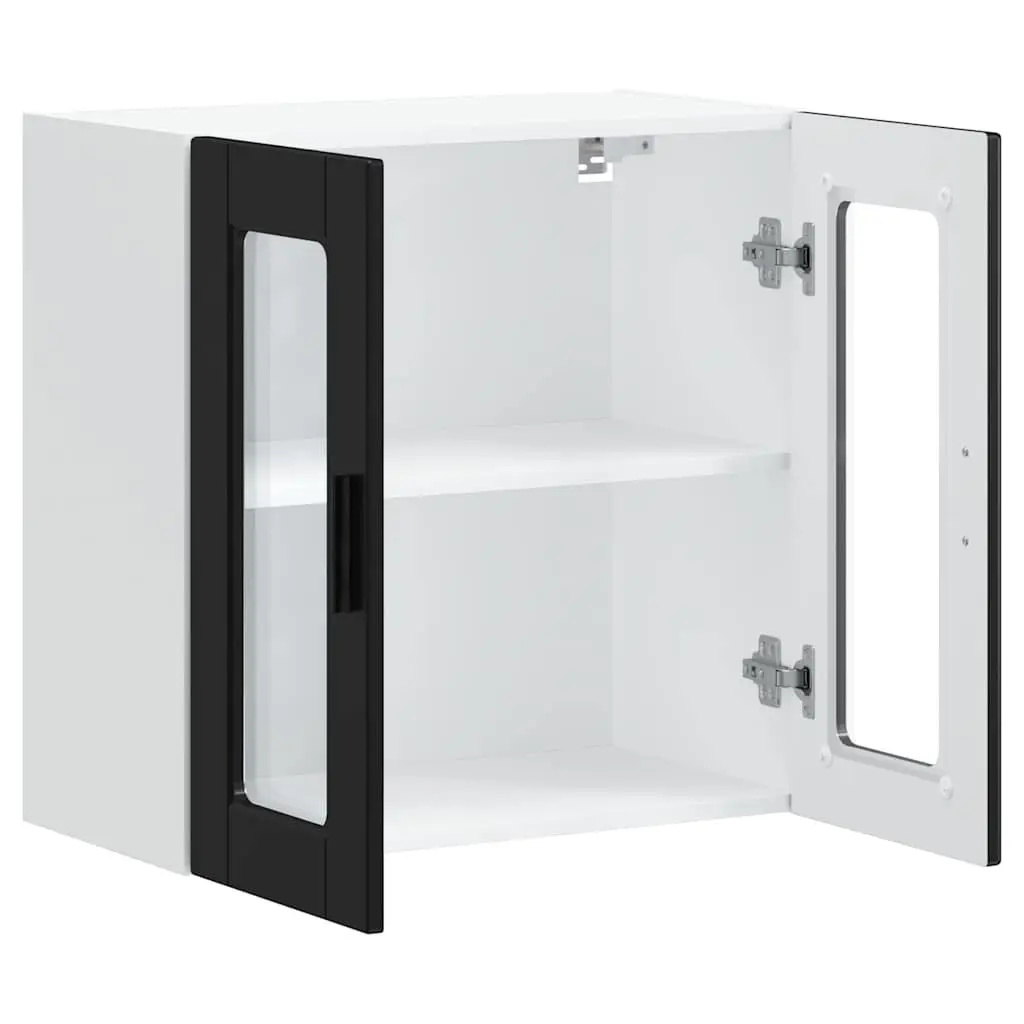 Wall-Mounted Kitchen Cabinet Black Glass Door Storage Unit Engineered Wood