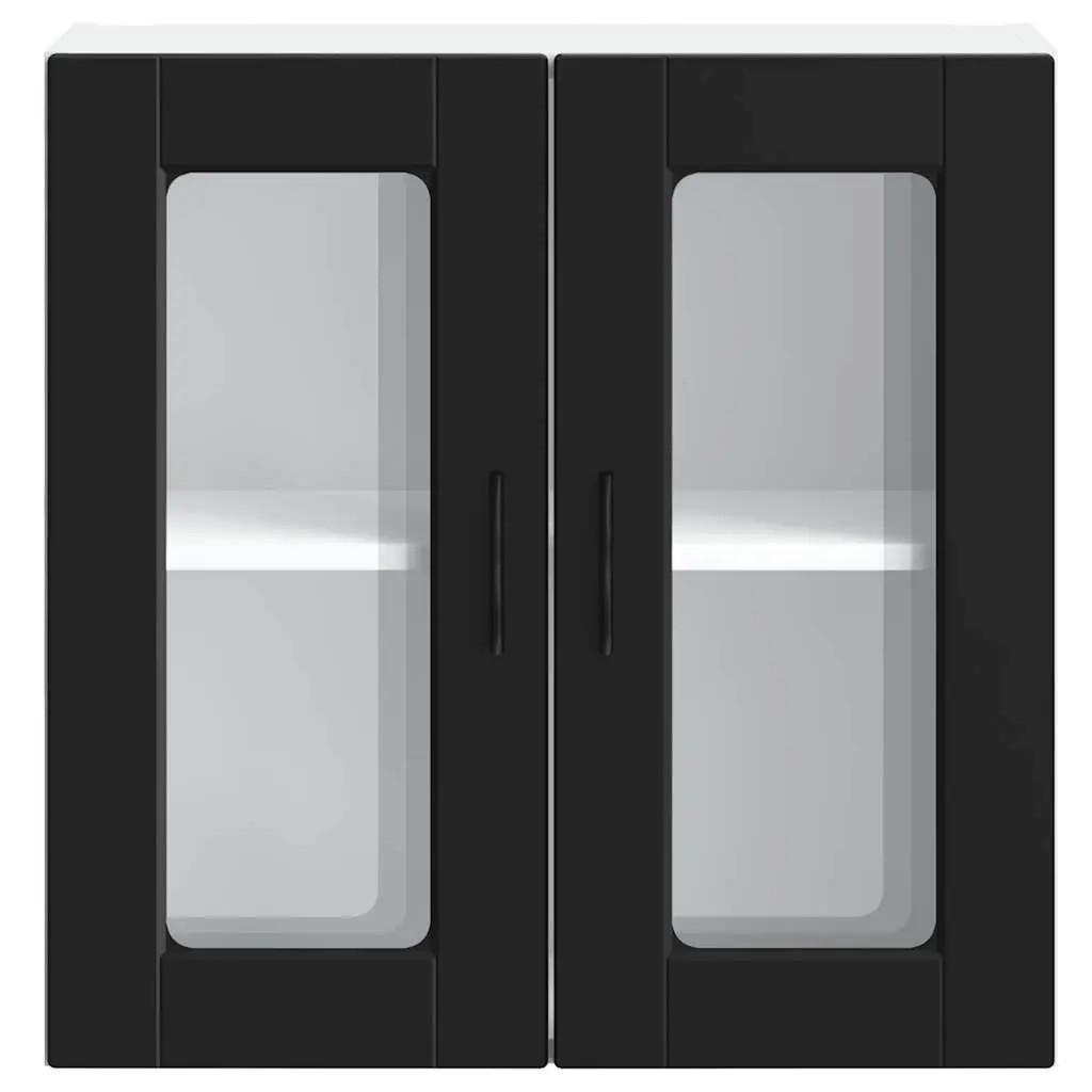 Wall-Mounted Kitchen Cabinet Black Glass Door Storage Unit Engineered Wood