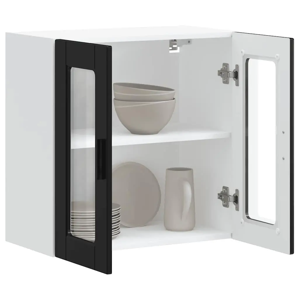 Wall-Mounted Kitchen Cabinet Black Glass Door Storage Unit Engineered Wood