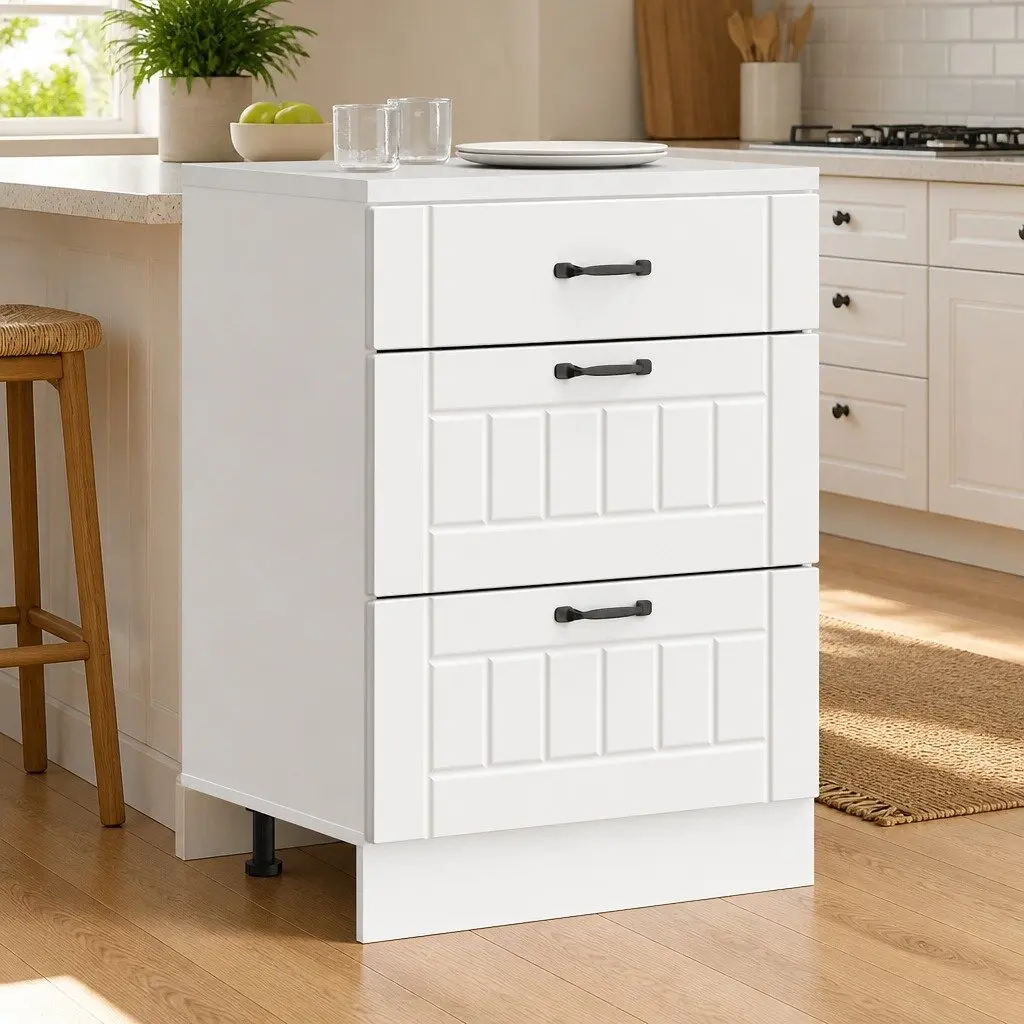Kitchen Base Cabinet White Engineered Wood Storage Cupboard Adjustable Feet