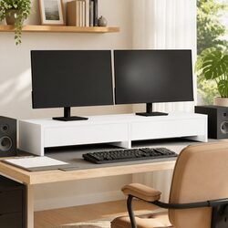 Monitor Stand with 2 Drawers White Engineered Wood Computer Riser Desk Organizer