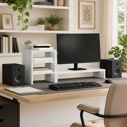 Monitor Stand with Desk Organiser White Engineered Wood Computer Riser Office