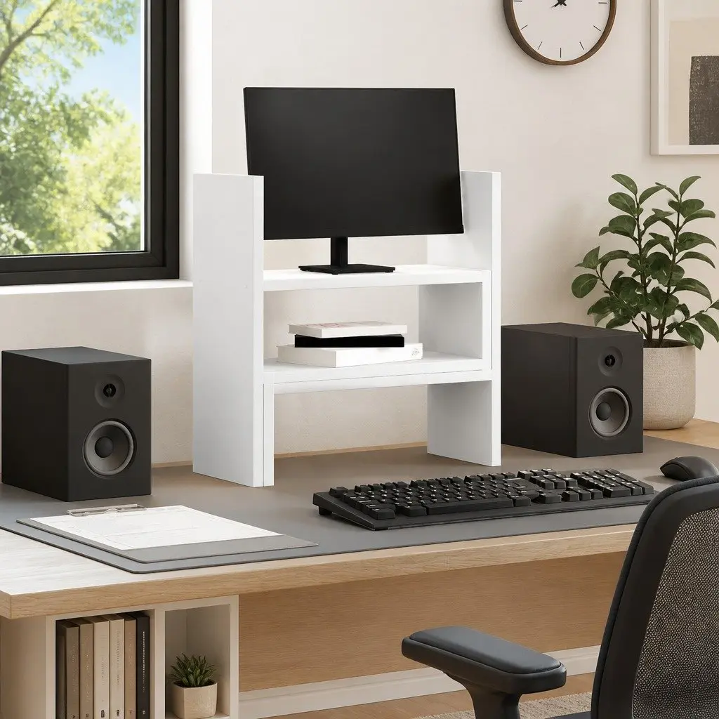 Adjustable Desk Organiser Engineered Wood 40 x 17 x 41 cm White 2 Piece Shelf Rack Computer Riser Stand