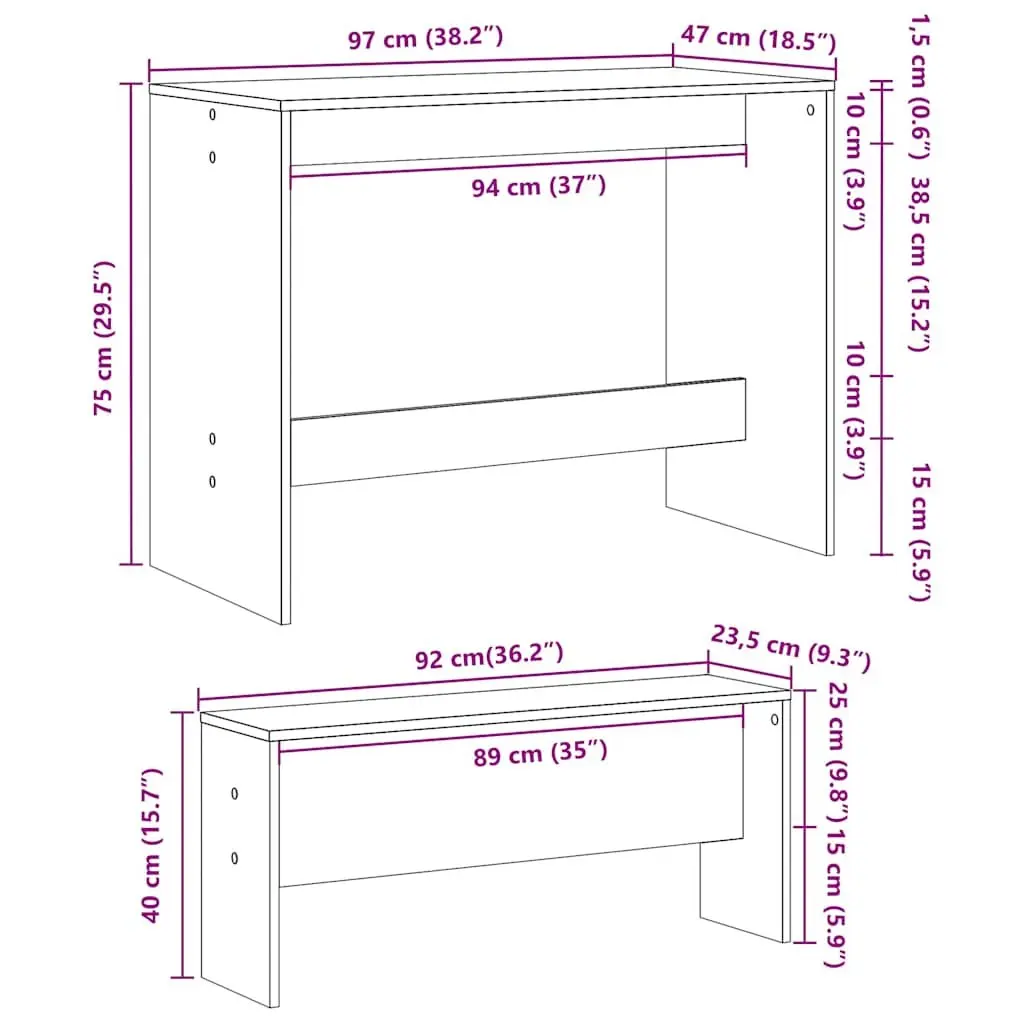 3 Piece Engineered Wood Dining Set White Table and Benches for Family Gatherings
