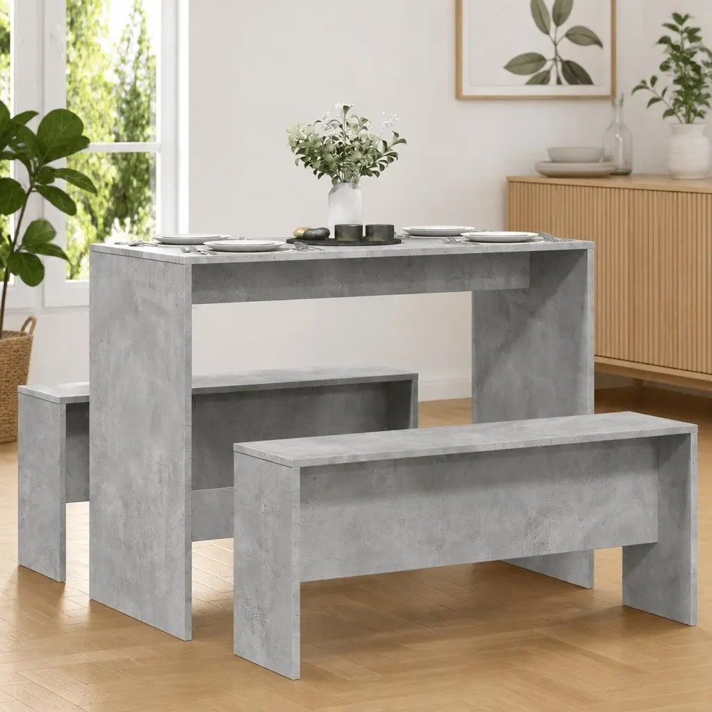 Grey Engineered Wood Dining Bench and Table Set 3 Piece for Kitchen Use