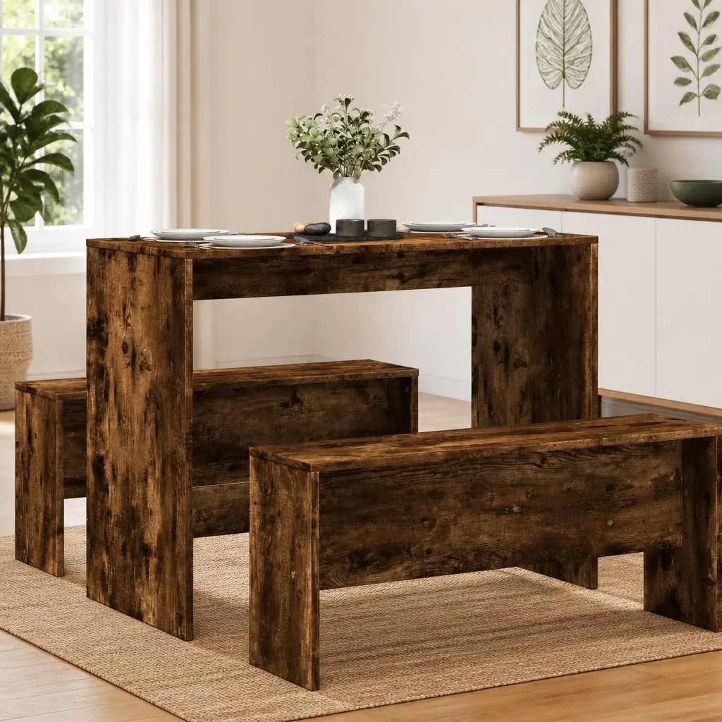 3 Piece Dining Set Engineered Wood Brown Table and Benches for Kitchen