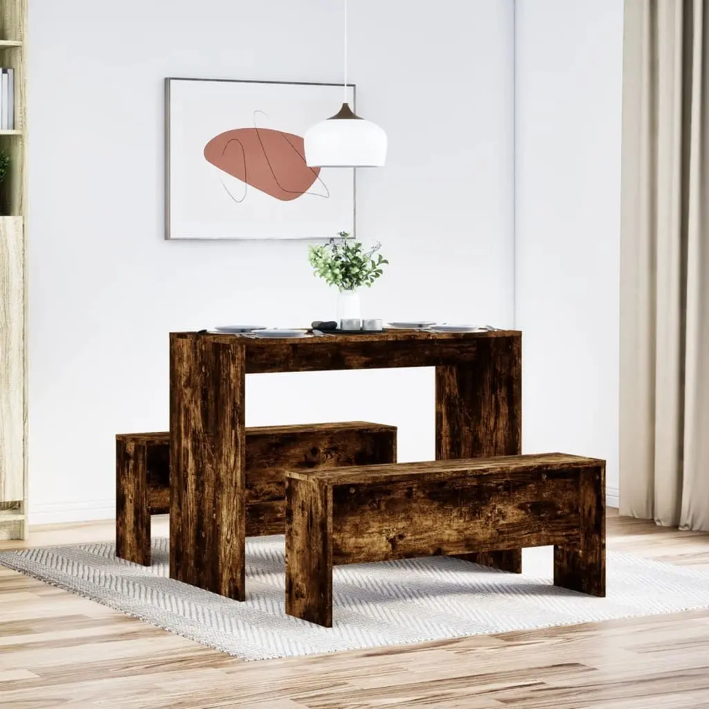 3 Piece Dining Set Engineered Wood Brown Table and Benches for Kitchen
