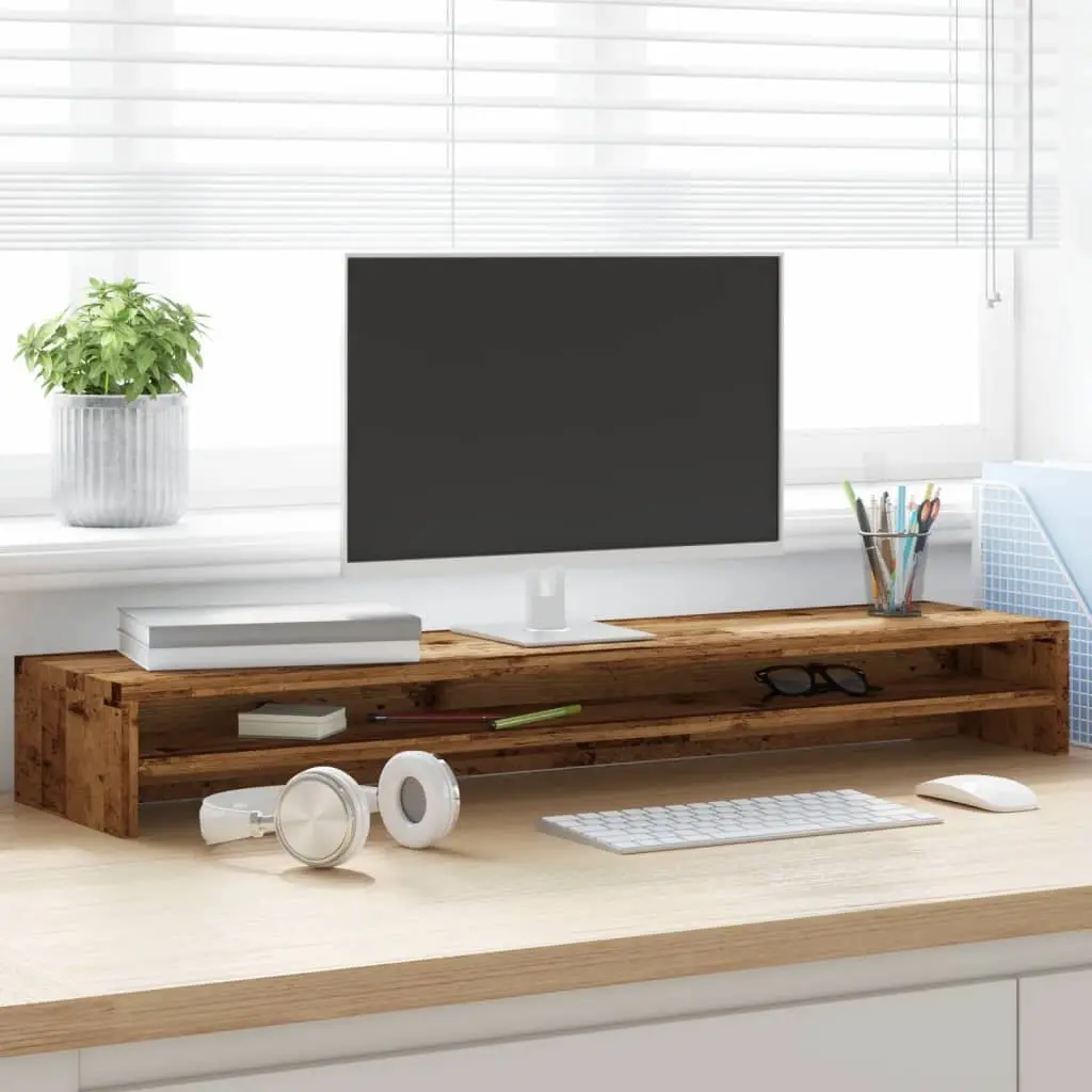 Monitor Stand Riser Engineered Wood Old Wood Finish 100x24x13cm with Underneath Storage Shelf for Desktop Computer and TV