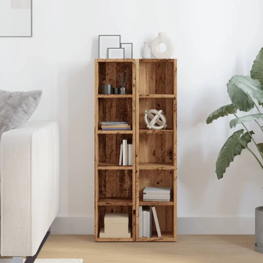 CD Storage Cabinets Set 2 Pieces Brown Engineered Wood Media Rack with Multiple Compartments for Organizing and Displaying Collectibles