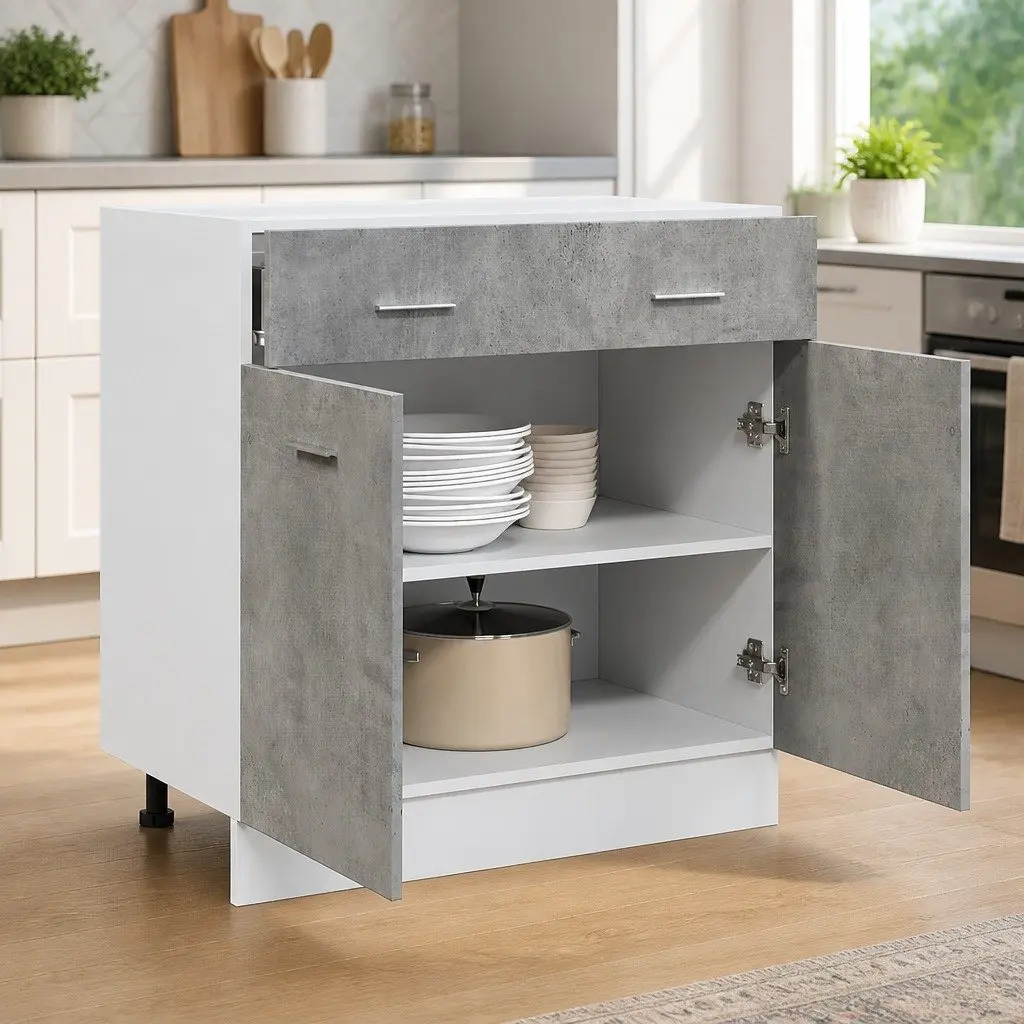 Kitchen Cabinet Grey Engineered Wood 80W x 46D x 81.5H cm 1 Drawer 2 Compartments Storage Unit