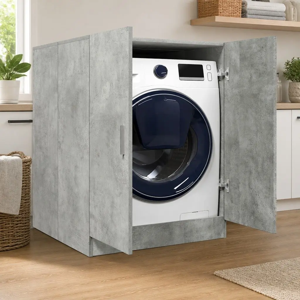 Washing Machine Cabinet Engineered Wood 70.5 x 71.5 x 91.5 cm Concrete Grey 2 Door Storage Cupboard