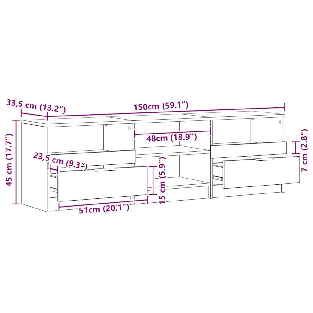 Brown TV Stand Engineered Wood Storage Unit Living Room Bedroom Furniture 150 x 33.5 x 45 cm