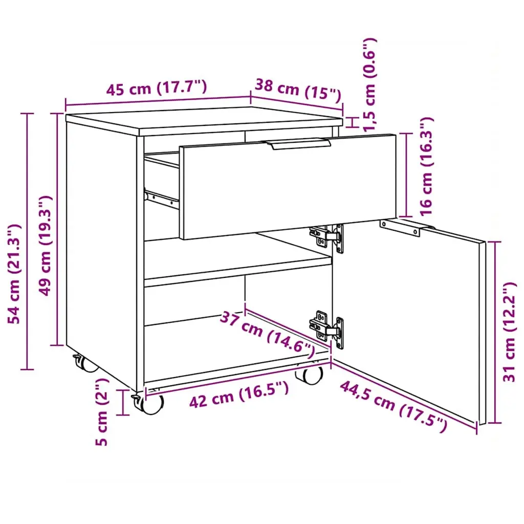 Mobile File Cabinet Engineered Wood Brown Organizer with Wheels 45x38x54cm