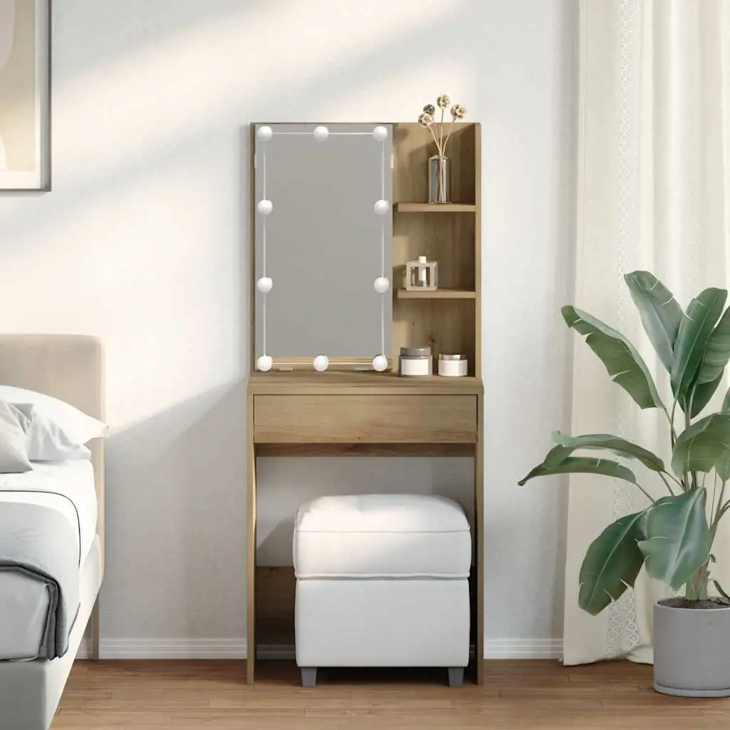 Dressing Table Artisan Oak 60x40x140cm with RGB LED Lights Open Shelves Drawer Storage Makeup Vanity