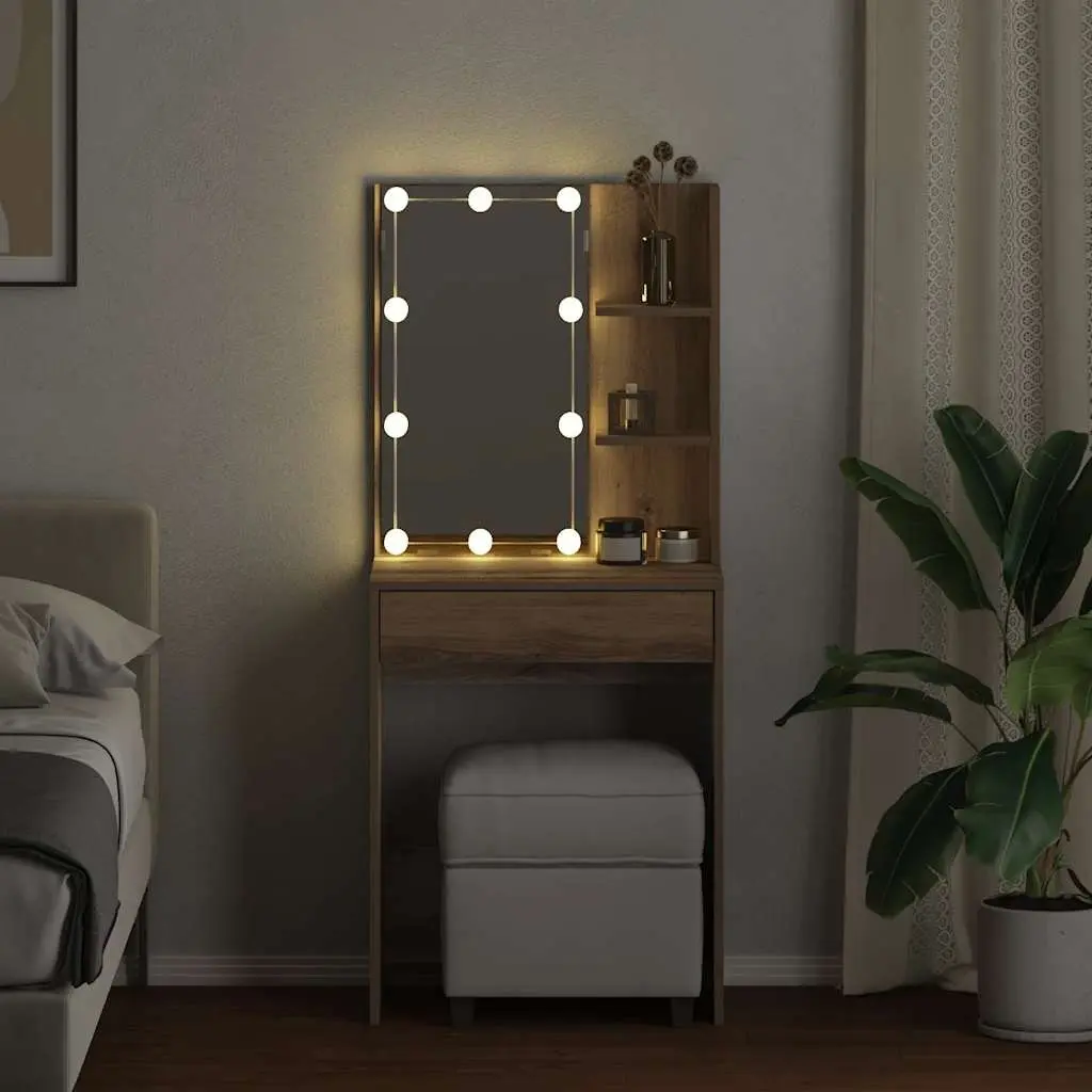 Dressing Table Artisan Oak 60x40x140cm with RGB LED Lights Open Shelves Drawer Storage Makeup Vanity