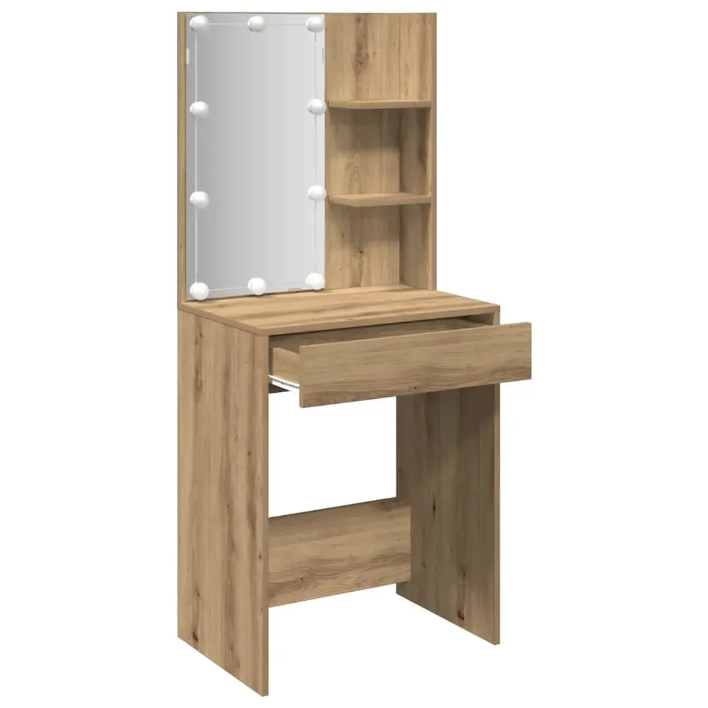 Dressing Table Artisan Oak 60x40x140cm with RGB LED Lights Open Shelves Drawer Storage Makeup Vanity