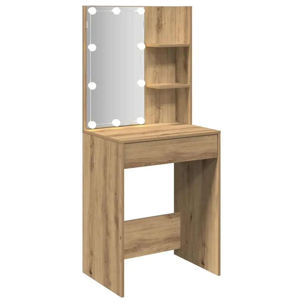 Dressing Table Artisan Oak 60x40x140cm with RGB LED Lights Open Shelves Drawer Storage Makeup Vanity