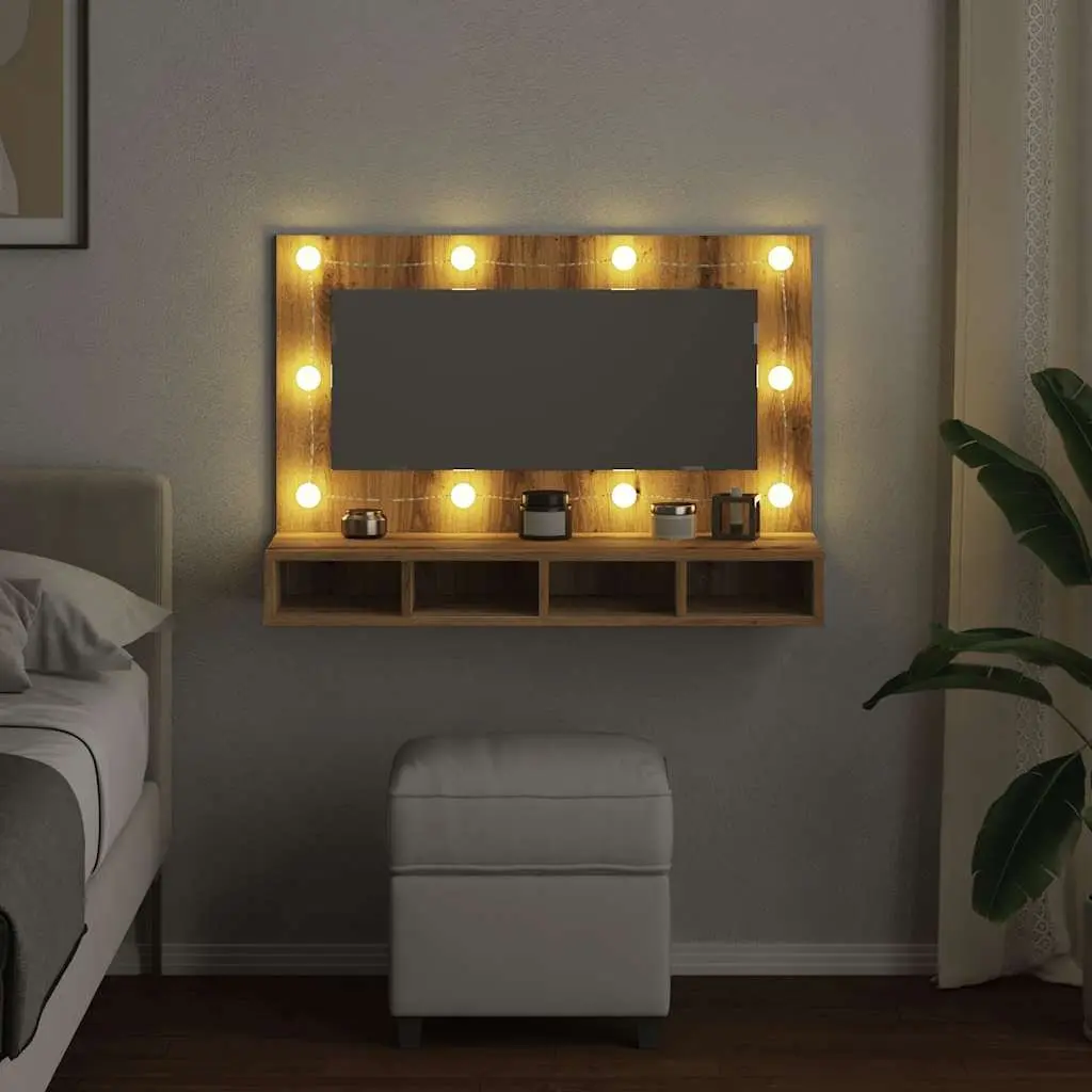 Bathroom Mirror Cabinet LED Engineered Wood Brown Wall Mounted 90 x 31.5 x 62 cm