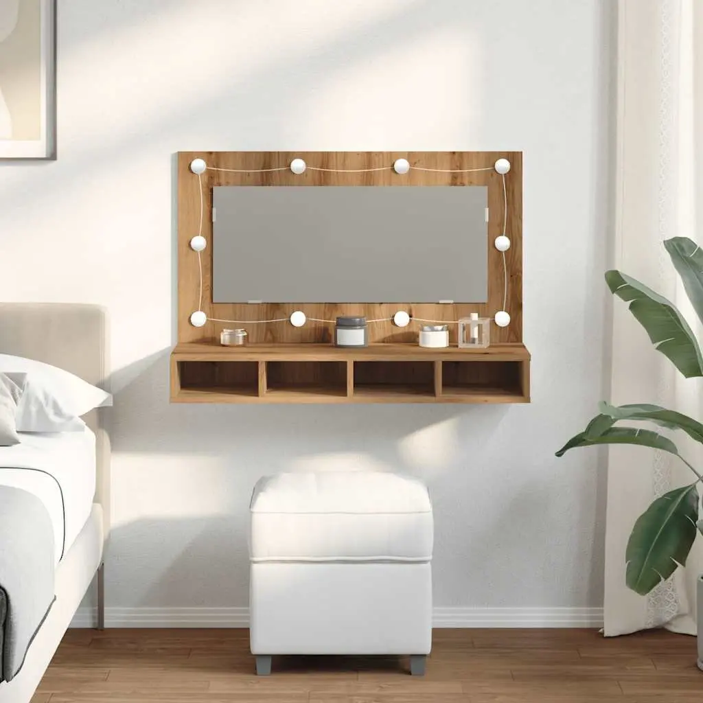 Bathroom Mirror Cabinet LED Engineered Wood Brown Wall Mounted 90 x 31.5 x 62 cm
