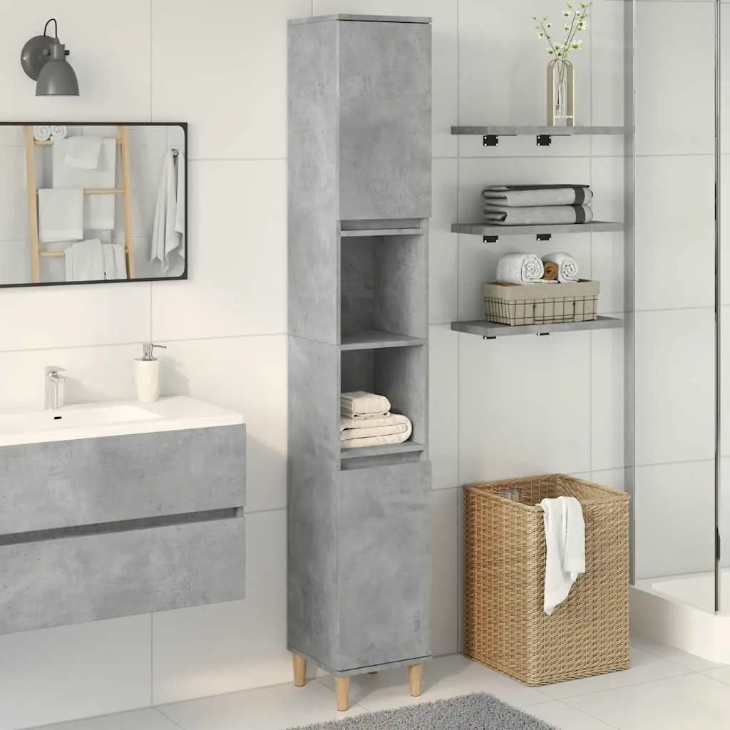 Bathroom Storage Cabinet Engineered Wood Grey 30x30x190cm 6 Compartment with Doors Eucalyptus Feet