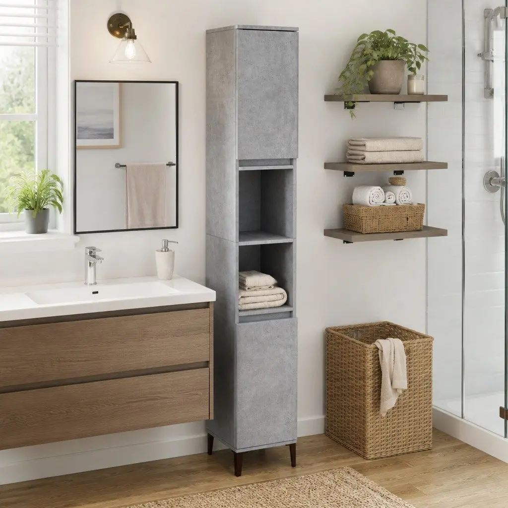 Bathroom Cabinet Engineered Wood 30x30x190cm Concrete Grey 4 Doors 2 Shelves