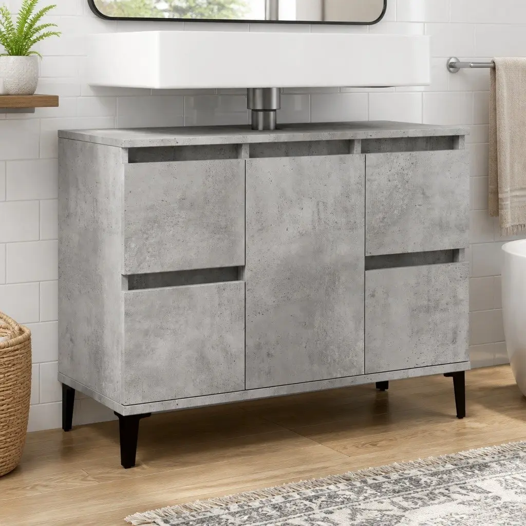 Grey Bathroom Vanity Unit Engineered Wood Storage 80x33x60cm 4 Drawers Metal Feet