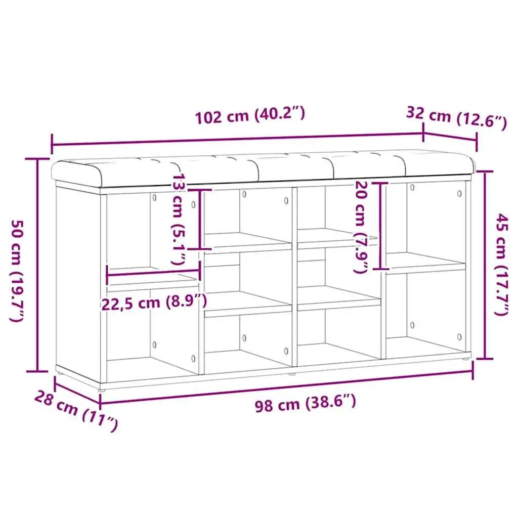 Shoe Bench Engineered Wood Brown Padded Seat Storage Entryway Hallway Furniture