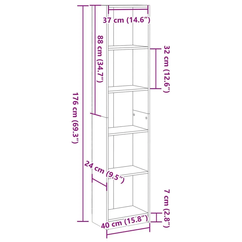 Open Shelving Bookcase Engineered Wood Brown Storage Unit 40W x 24D x 176H cm Suitable for Home Office and Living Spaces