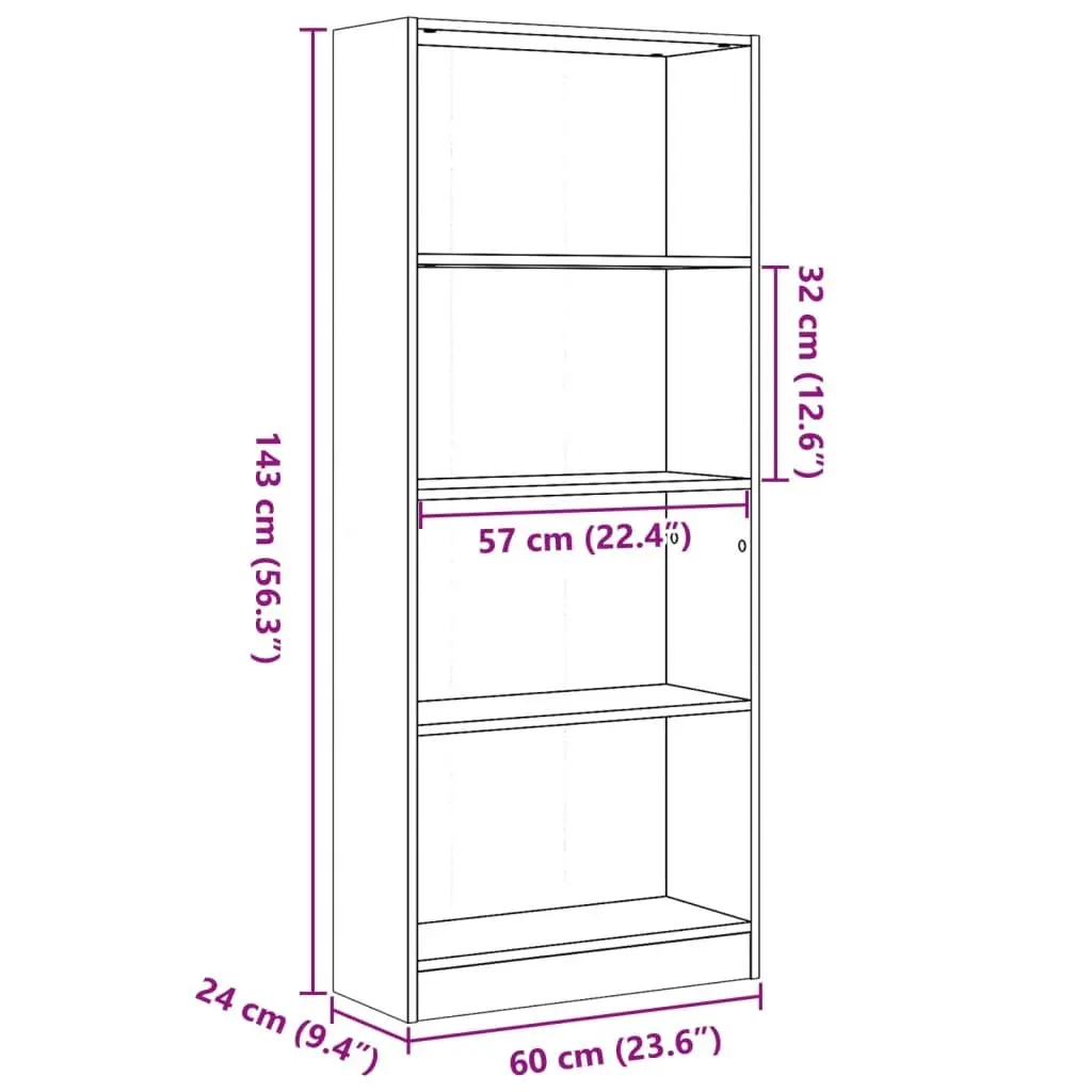 Bookcase Engineered Wood 60W x 24D x 143H cm Brown Open Compartment Storage Unit