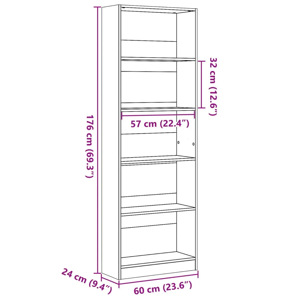 Bookcase White 60x24x176 cm Open Shelving Storage Cabinet Home Office Organiser