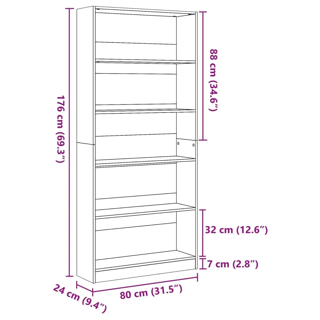 Bookcase Engineered Wood 80x24x176cm Brown Open Shelving Storage Cabinet