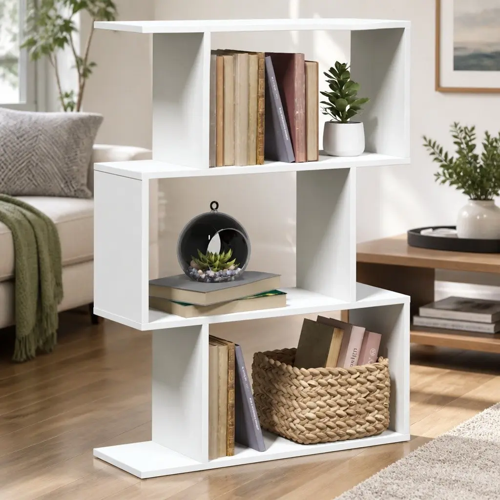 Room Divider Bookcase 3-Tier White Engineered Wood Storage Shelving Unit