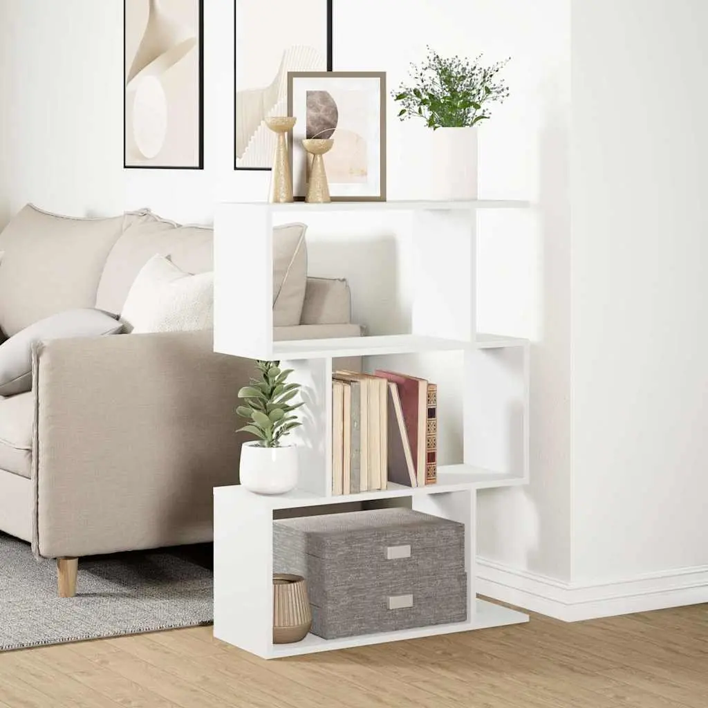 Room Divider Bookcase 3-Tier White Engineered Wood Storage Shelving Unit