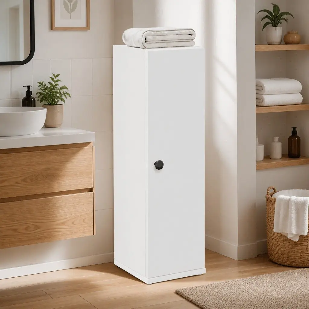 White Bathroom Cabinet Storage Cupboard with Toilet Roll Holder Shelves