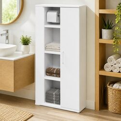 Functional White Bathroom Storage Cabinet with Roll Holder 39x22x90cm