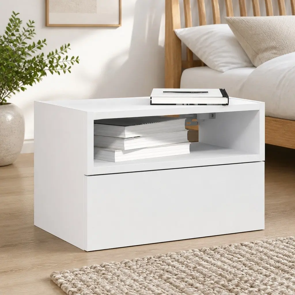 Bedside Cabinet Wall-mounted Engineered Wood White Storage Drawer Nightstand
