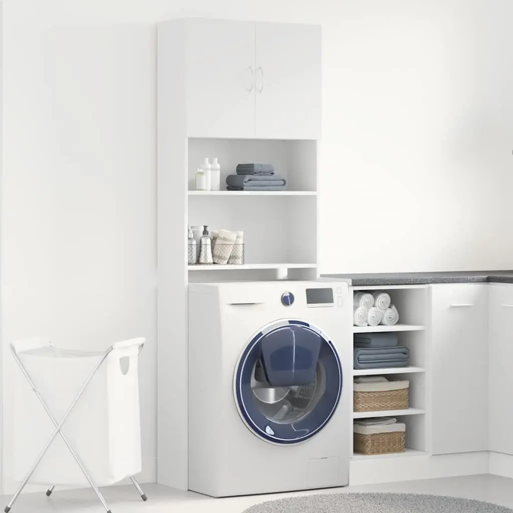 Washing Machine Cabinet Engineered Wood 64x24x190 cm White Storage Bathroom Laundry Organizer