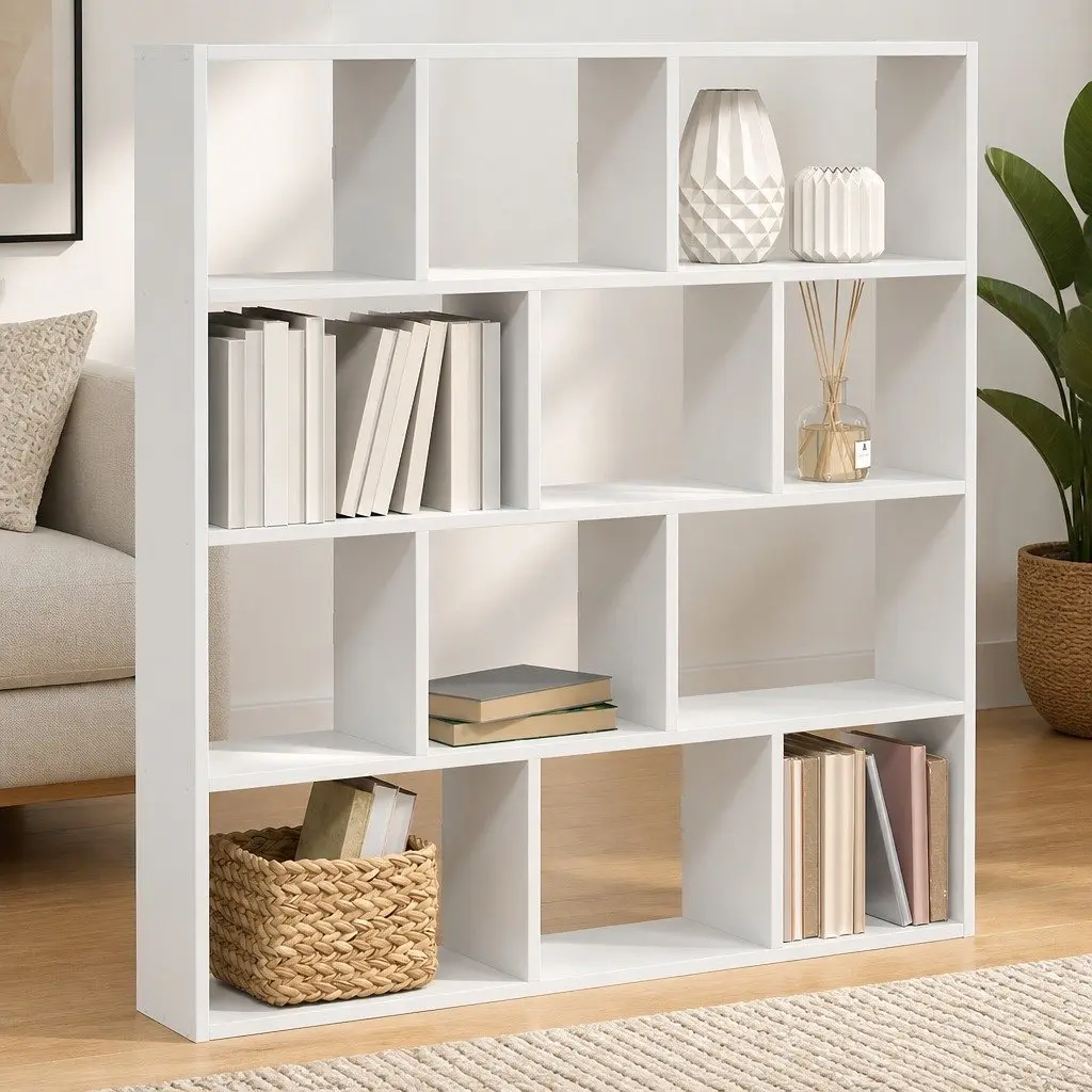 Wall-mounted shelf white engineered wood floating storage unit 12 compartments