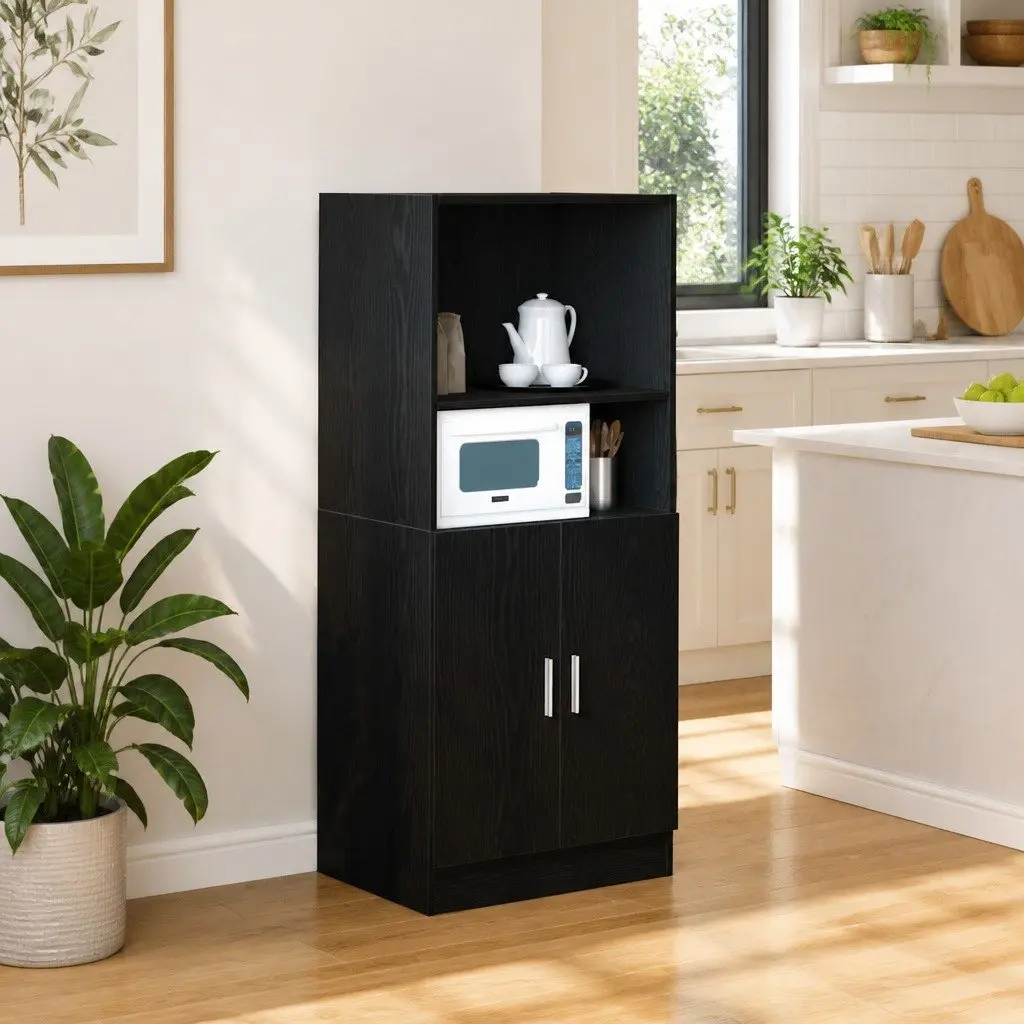 Kitchen Cabinet Black Storage Organizer Engineered Wood Cupboard with Doors