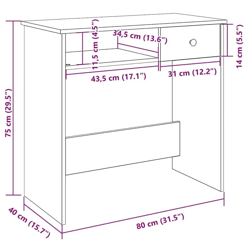White Engineered Wood Writing Desk 80x40x75cm Spacious Tabletop for Home Office or Study