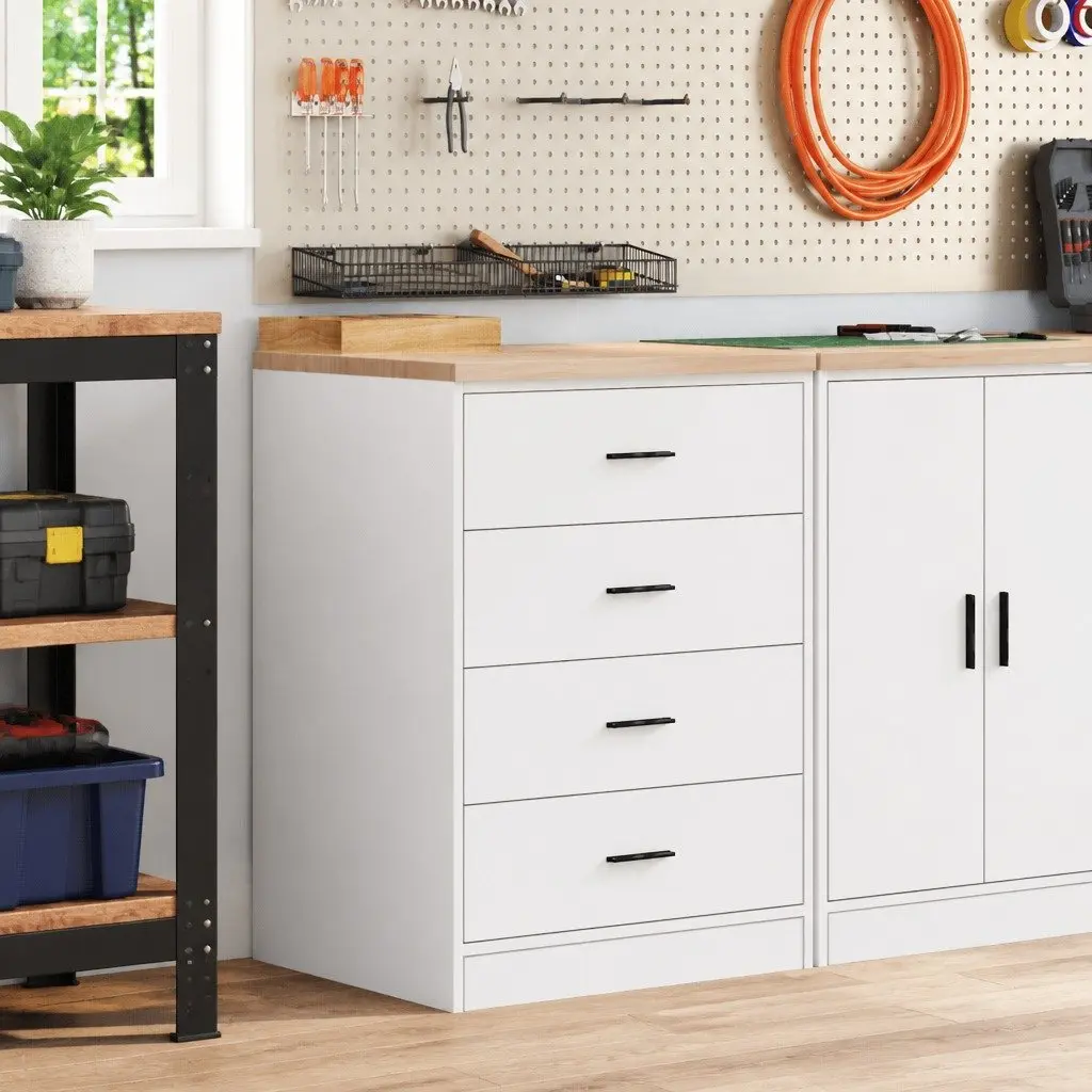 Garage Storage Cabinet Pine Wood 60x51x85cm White Tool Cabinet 4 Drawers