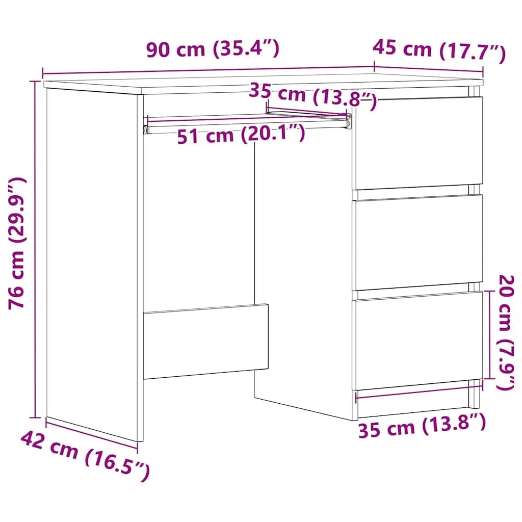 Office Desk 90x45x76cm with 3 Drawers in Brown