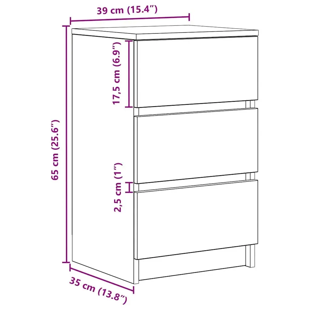 Bedside Cabinet Engineered Wood 39x35x65cm White 3 Drawers Nightstand