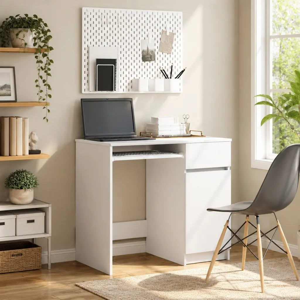 Office Desk Engineered Wood 86x49x76cm White with Storage Drawer Door Shelf