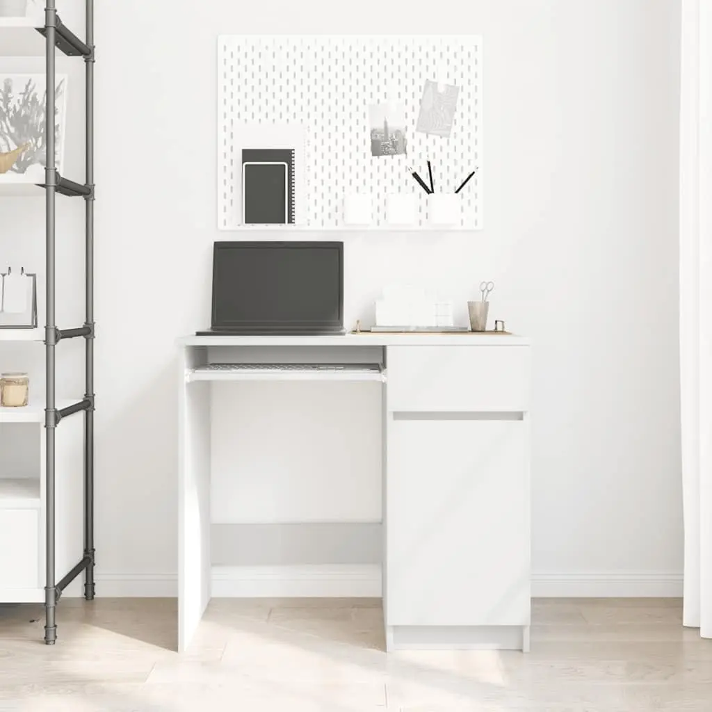 Office Desk Engineered Wood 86x49x76cm White with Storage Drawer Door Shelf
