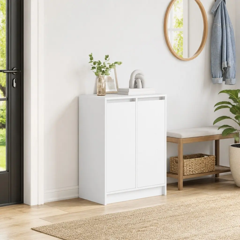 Shoe Cabinet White Storage Organiser Engineered Wood 57x34x76cm Doors