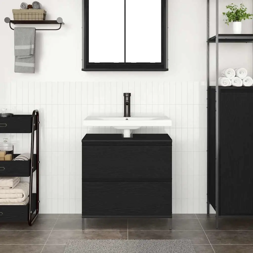 Bathroom Storage Unit with Drawers Engineered Wood Black Oak 60x34.5x60cm Vanity Cabinet