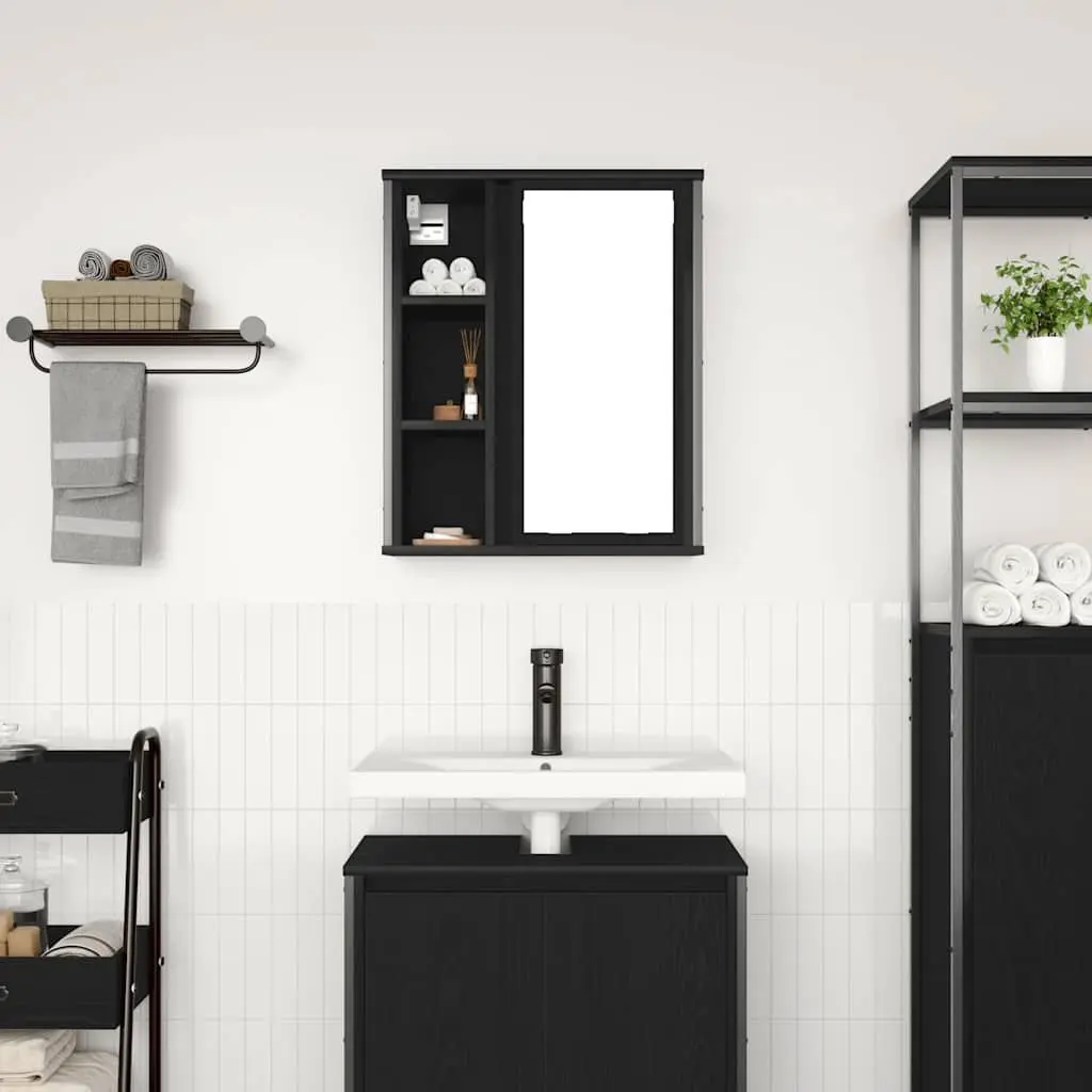 Bathroom Cabinet Engineered Wood 50 x 21 x 60 cm Black Oak Wall-Mounted with Mirror and Shelves