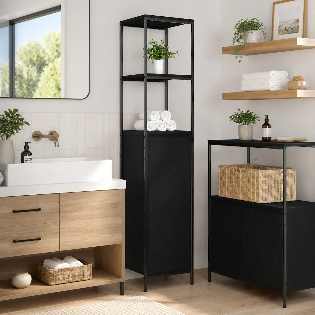 Bathroom Cabinet Engineered Wood 36x35x165cm Black Oak Storage Shelves Door Organiser