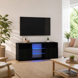 Functional Black Oak TV Cabinet with LED Storage